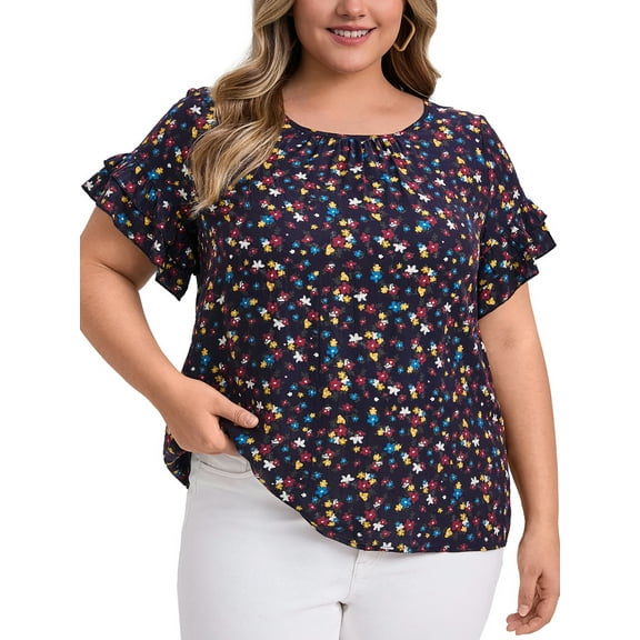 GRACE & GRANDEUR Women's Plus Size Tops Floral Print Crew Neck Double Layer Ruffles Short Sleeve Summer Blouses 4X Dark Blue