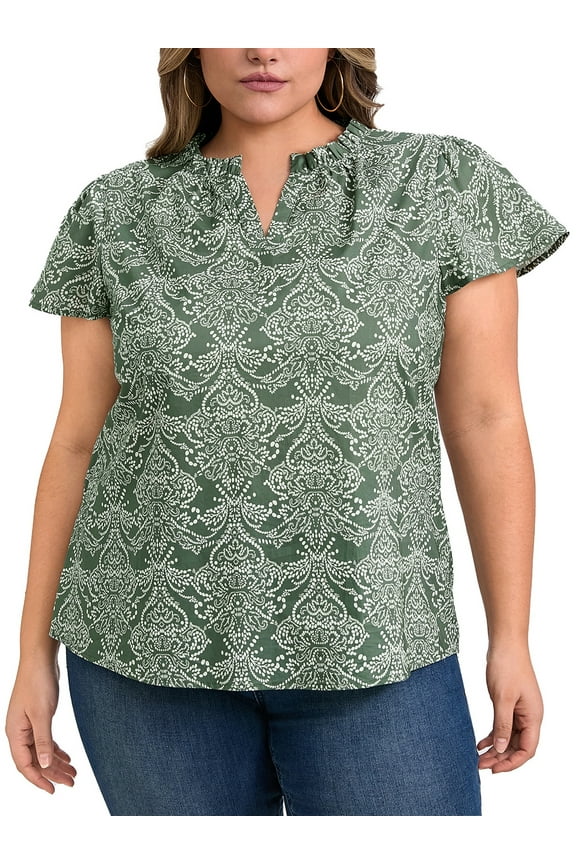 Women's Plus Size Blouses Floral Printed Short Sleeve Blouse Ruffle V Neck Vacation Casual Popover Tops 1X Gray Green
