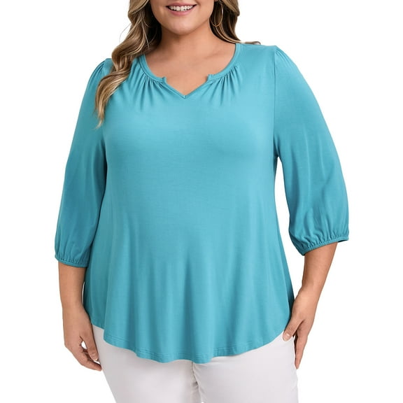 GRACE & GRANDEUR Women's Plus Size Blouses Notch V Neck Smocked 3/4 Sleeve Shirts Dressy Casual Tops 2X Lake Blue