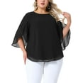 thumbnail image 1 of Agnes Orinda Women's Plus Size Chiffon Tops Petal 3/4 Sleeve Crew Neck Flowy Summer Casual Blouses 1X Black, 1 of 6