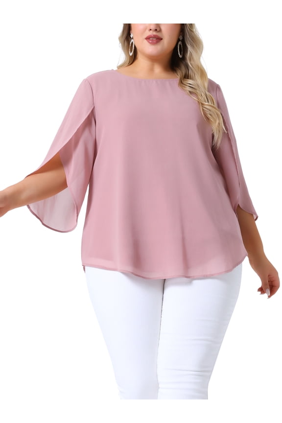 Women's Plus Size Chiffon Tops Petal 3/4 Sleeve Crew Neck Flowy Summer Casual Blouses 1X Pink