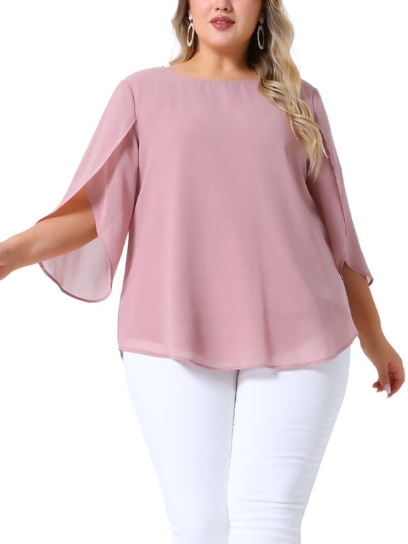 Women's Plus Size Chiffon Tops Petal 3/4 Sleeve Crew Neck Flowy Summer Casual Blouses 2X Pink