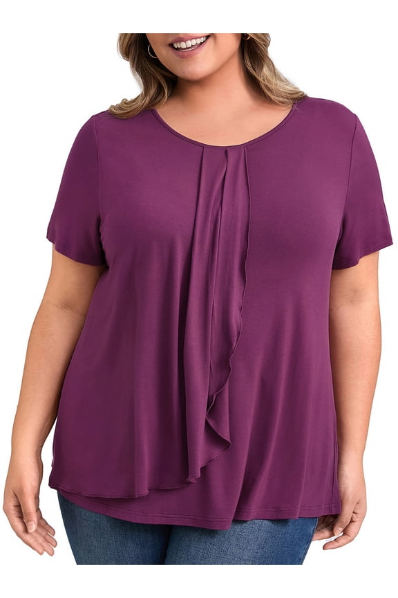Women's Plus Size Mother's Day Blouses Pleated Short Sleeve Round Neck Casual Ruffle Summer Tops 3X Deep Burgundy