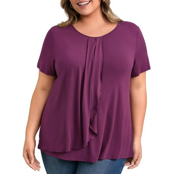 GRACE & GRANDEUR Women's Plus Size Blouses Pleated Short Sleeve Round Neck Casual Ruffle Summer Tops 4X Deep Burgundy
