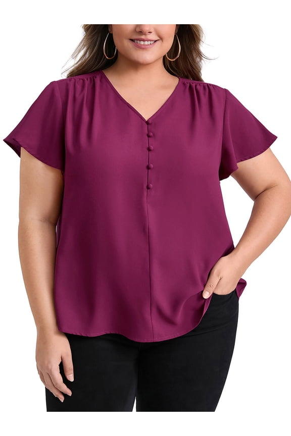Women's Plus Size Blouses V Neck Ruffle Short Sleeve Pleated Button Decor Casual Loose Fit Tops 1X Purple Red