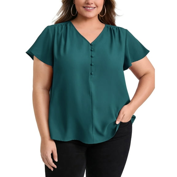 GRACE & GRANDEUR Women's Plus Size Blouses Pleated V Neck Ruffle Sleeve Button Decor Casual Loose Fit Tops 1X Teal
