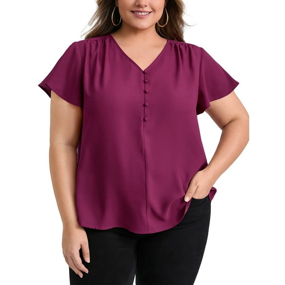 GRACE & GRANDEUR Women's Plus Size Blouses Pleated V Neck Ruffle Sleeve Button Decor Casual Loose Fit Tops 2X Purple Red