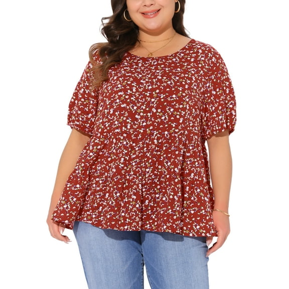 Agnes Orinda Women's Plus Size Floral Tops Crew Neck Short Sleeve Elastic Cuffs Casual Peplum Blouses 4X Red