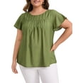 thumbnail image 1 of GRACE & GRANDEUR Women's Plus Size Blouses Toothpick Pleated Texture Ruffle Short SleeveCrew Neck Casual Tops 1X Olive Green, 1 of 7