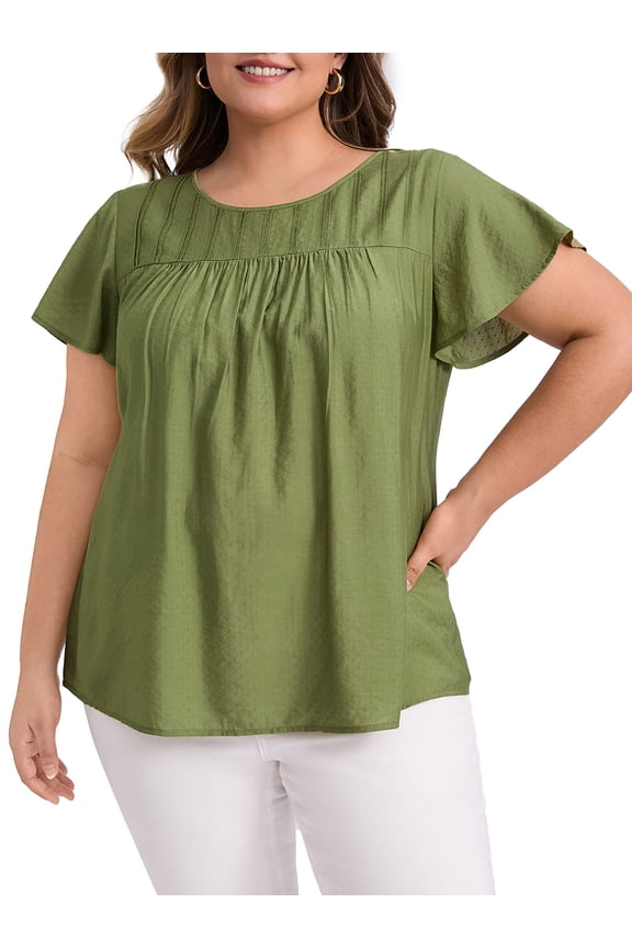 Women's Plus Size Easter Blouses Toothpick Pleated Texture Ruffle Short SleeveCrew Neck Casual Tops 3X Olive Green