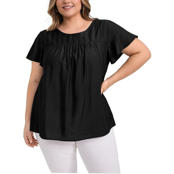 GRACE & GRANDEUR Women's Plus Size Blouses Toothpick Pleated Texture Ruffle Short SleeveCrew Neck Casual Tops 3X Black