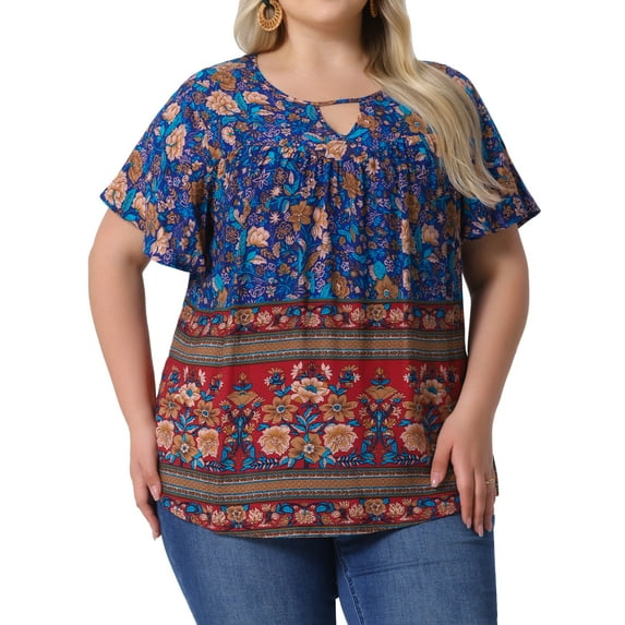 Agnes Orinda Women's Plus Size Boho Tops Floral Keyhole Neck Ruffle Short Sleeve Summer Casual Blouse 1X Navy Blue