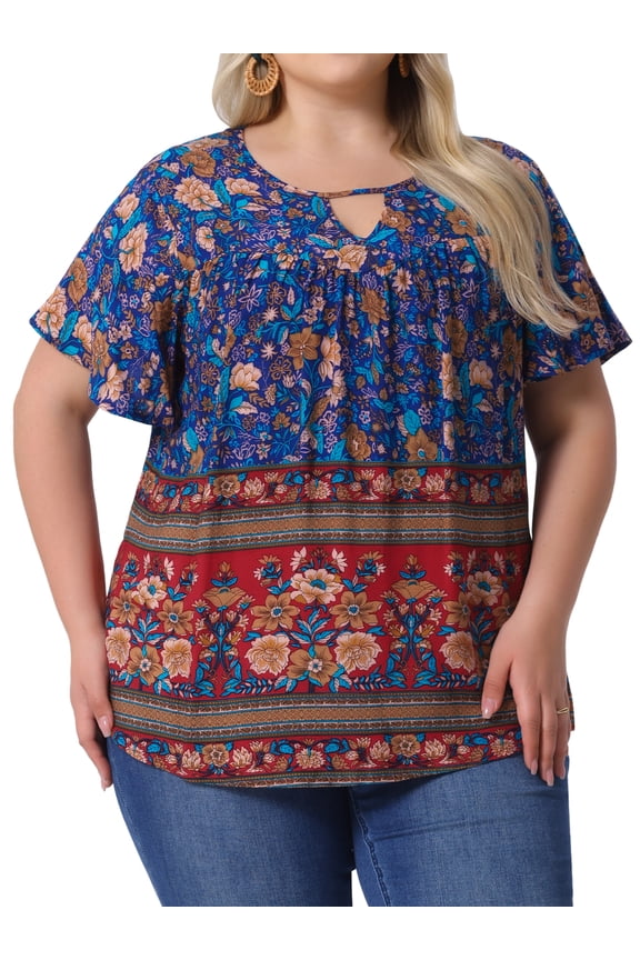 Women's Plus Size Boho Tops Floral Keyhole Neck Ruffle Short Sleeve Summer Casual Blouse 3X Navy Blue