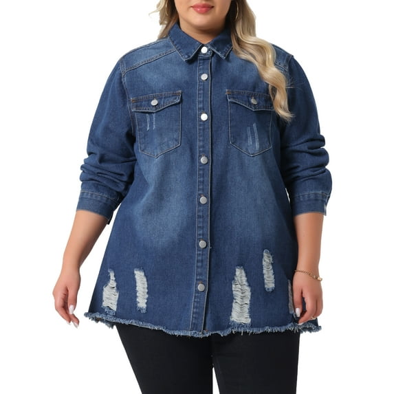 Agnes Orinda Women's Plus Size Button Down Denim Jackets Lapel Long Sleeve Raw Hem Casual Shirt Jean Jacket with Pocket 1X Dark Blue