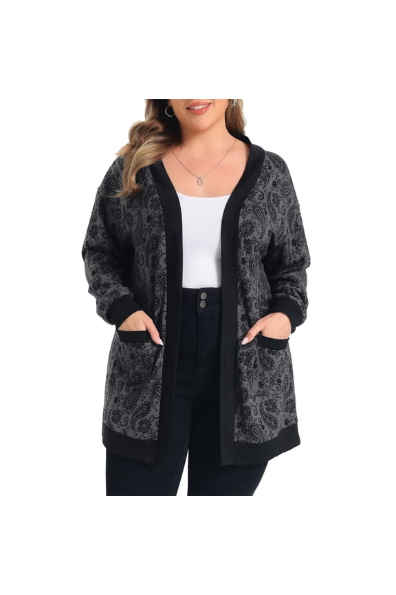 Women's Plus Size Cardigan Contrasting Floral Print Long Sleeve Knit Open Front Cardigans Outerwear with Pockets 4X Gray