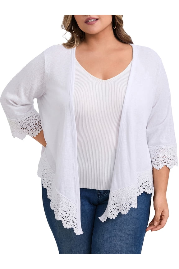 Women's Plus Size Cardigan Knit Lace Shrug Cover Up 3/4 Sleeve Open Front Cardigans 3X White