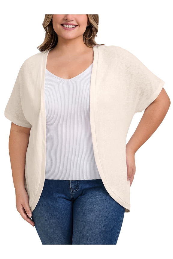 Women's Plus Size Cardigan Open Front Short Sleeves Loose Fit Knit Curved Hem Cardigans 4C Apricot