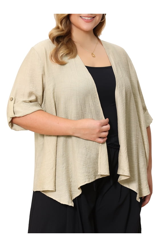 Women's Plus Size Cardigan Waterfall Style 3/4 Sleeve Shrug Irregular Hem Lightweight Open Front Cardigans 3X Apricot