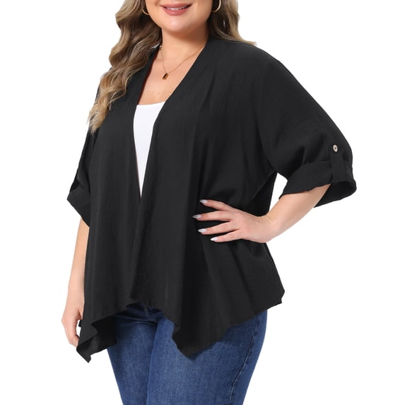 GRACE & GRANDEUR Women's Plus Size Cardigan Waterfall Style 3/4 Sleeve Shrug Irregular Hem Lightweight Open Front Cardigans 3X Black