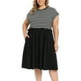 thumbnail image 1 of GRACE & GRANDEUR Women's Plus Size Casual Dress Crew Neck Raglan Sleeve Striped Patchwork Gathered-Waist Midi A-Line Dresses with Pockets 1X Black, 1 of 7