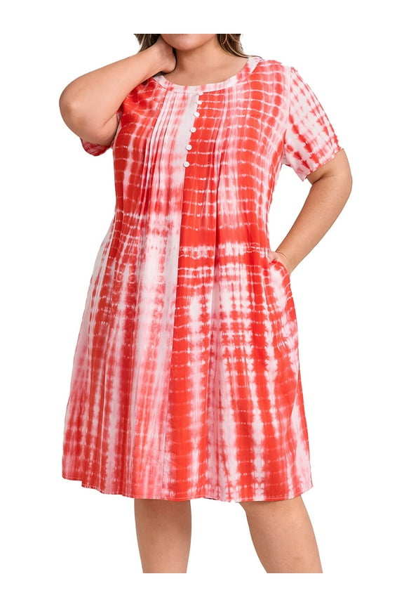 Women's Plus Size Dress Toothpick Pleated Button Decor Tie Dye Round Neck Short Sleeve Casual Dresses with Pockets 1X Orange