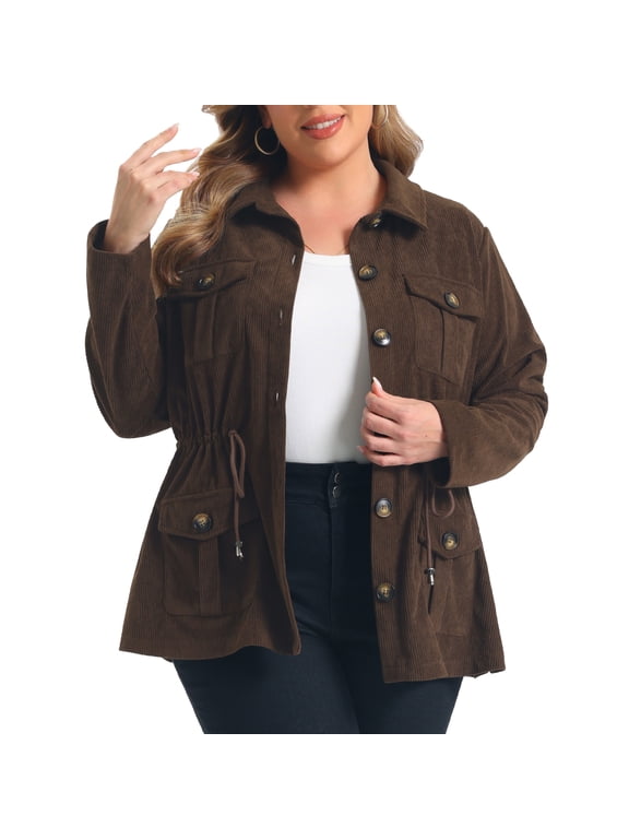 Women's Plus Size Halloween Outfits Casual Jacket Corduroy Drawstring Waist Collar Shacket Long Sleeve Loose Pocket Fall Winter Button Down Fashion Jackets 3X Brown