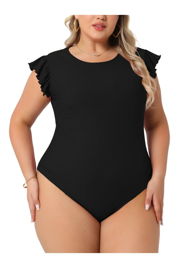 Women's Plus Size Valentines Day Bodysuit Stretchy Crew Neck Ruffle Short Sleeve Slim Fit Casual Basic Tops 1X Black