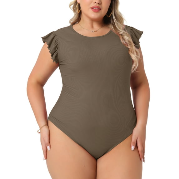 Agnes Orinda Women's Plus Size Valentines Day Bodysuit Stretchy Crew Neck Ruffle Short Sleeve Slim Fit Casual Basic Tops 2X Light Brown