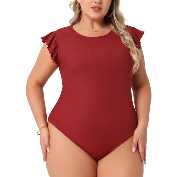Agnes Orinda Women's Plus Size Bodysuit Stretchy Crew Neck Ruffle Short Sleeve Slim Fit Casual Basic Tops 3X Red