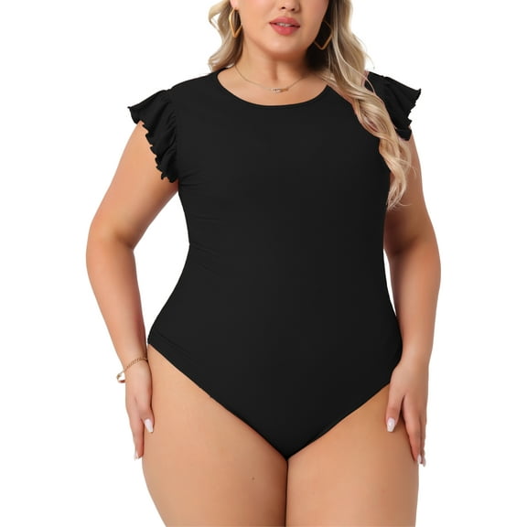 Agnes Orinda Women's Plus Size Valentines Day Bodysuit Stretchy Crew Neck Ruffle Short Sleeve Slim Fit Casual Basic Tops 4X Black