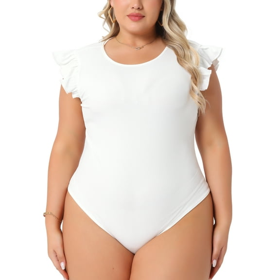 Agnes Orinda Women's Plus Size Valentines Day Bodysuit Stretchy Crew Neck Ruffle Short Sleeve Slim Fit Casual Basic Tops 4X White