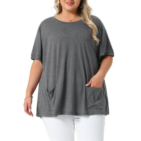Agnes Orinda Women's Plus Size Casual Top Crew Neck Short Sleeve Solid Summer Blouses with Pockets 1X Grey