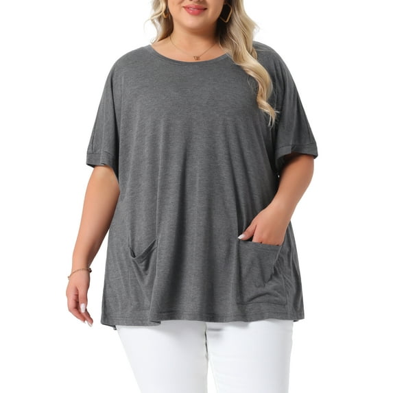 Agnes Orinda Women's Plus Size Casual Top Crew Neck Short Sleeve Solid Summer Blouses with Pockets 1X Grey