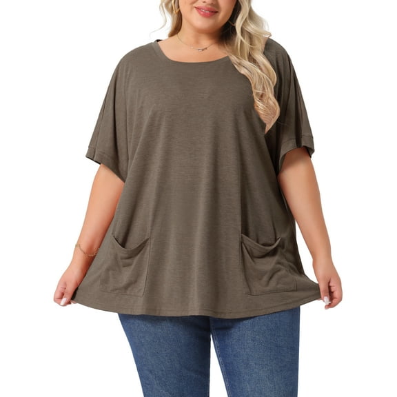 Agnes Orinda Women's Plus Size Casual Top Crew Neck Short Sleeve Solid Summer Blouses with Pockets 2X Coffee