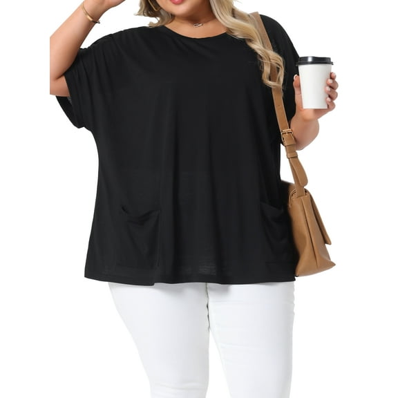 Agnes Orinda Women's Plus Size Casual Top Crew Neck Short Sleeve Solid Summer Blouses with Pockets 4X Black