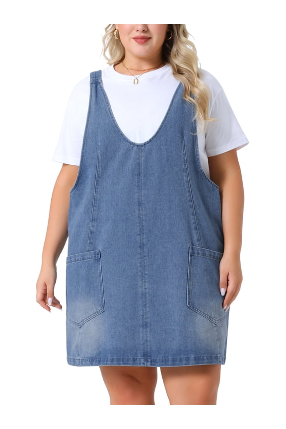 Women's Plus Size Denim Overall Dress V Neck Sleeveless Casual Jean Jumper Dress with Pockets 2X Sky Blue