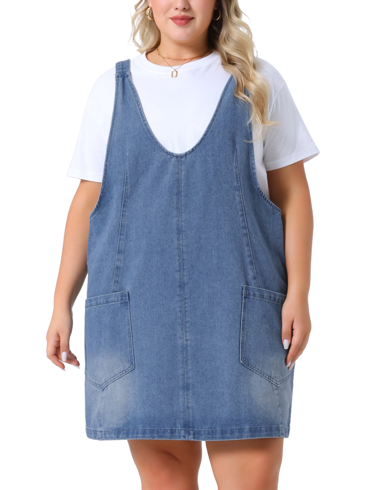 Agnes Orinda Women's Plus Size Denim Overall Dress V Neck Sleeveless Casual  Jean Jumper Dress with Pockets 2X Sky Blue - Walmart.com
