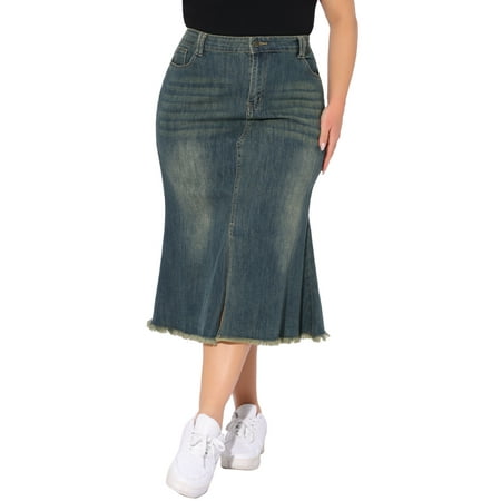 Agnes Orinda Women's Plus Size Mother's Day Fishtail Jean Skirts Vintage High Waist Raw Hem Front Slit Casual Midi Denim Skirt with Pockets 1X Grey Blue