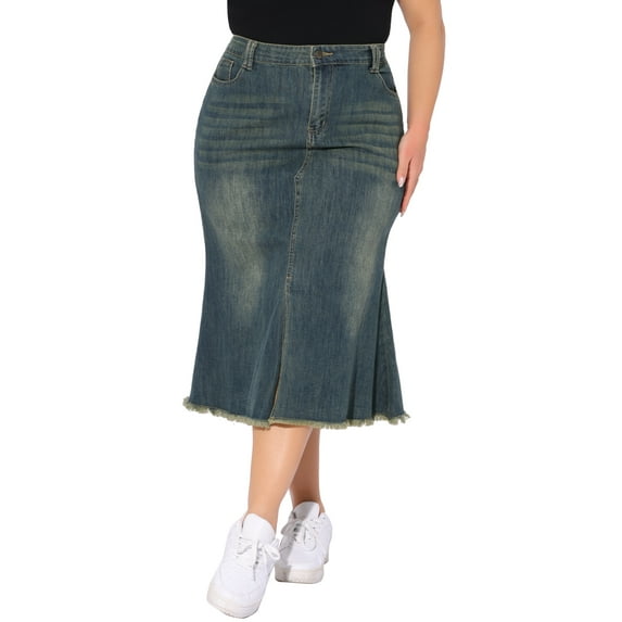 Agnes Orinda Women's Plus Size Fishtail Jean Skirts Vintage High Waist Raw Hem Front Slit Casual Midi Denim Skirt with Pockets 1X Grey Blue