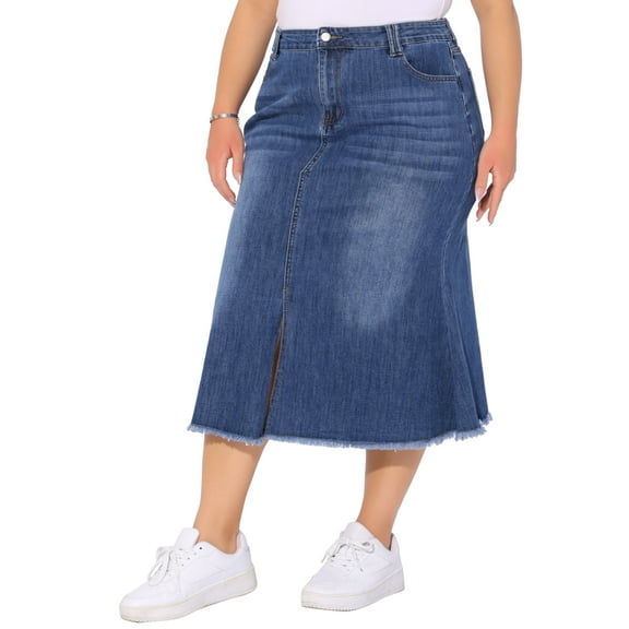 Agnes Orinda Women's Plus Size Fishtail Jean Skirts Vintage High Waist Raw Hem Front Slit Casual Midi Denim Skirt with Pockets 2X Blue