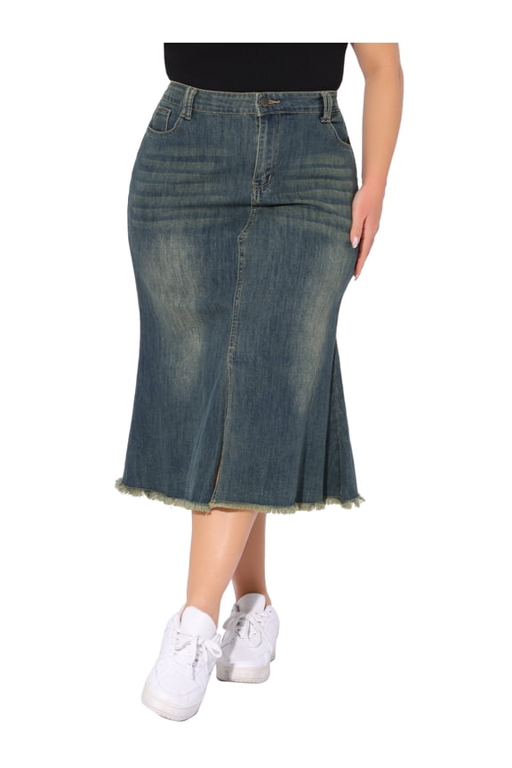 Women's Plus Size Fishtail Jean Skirts Vintage High Waist Raw Hem Front Slit Casual Midi Denim Skirt with Pockets 2X Grey Blue