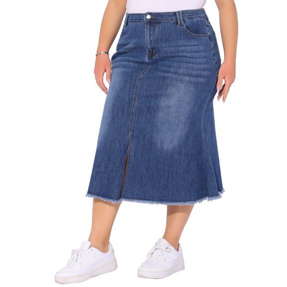 Agnes Orinda Women's Plus Size Fishtail Jean Skirts Vintage High Waist Raw Hem Front Slit Casual Midi Denim Skirt with Pockets 4X Blue