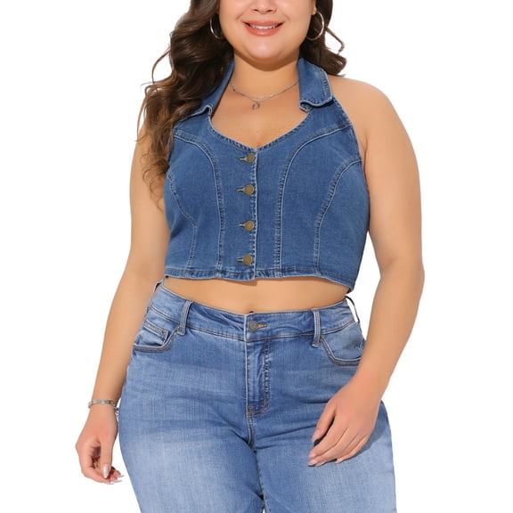 Agnes Orinda Women's Plus Size Cropped Denim Vest Backless Halter V Neck Sleeveless Button Down Casual Jean Jacket Vests 1X Blue