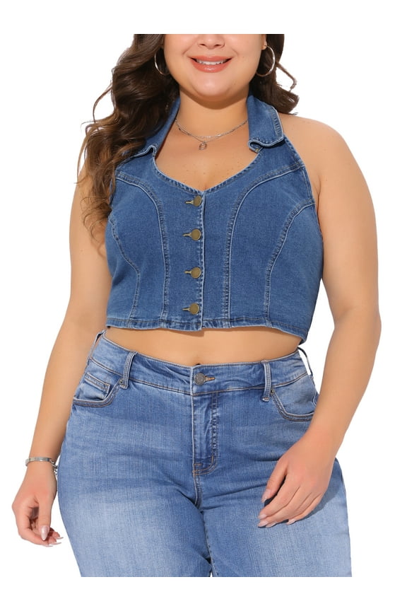 Women's Plus Size Cropped Denim Vest Backless Halter V Neck Sleeveless Button Down Casual Jean Jacket Vests 3X Blue