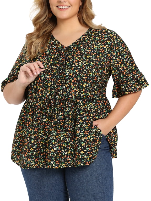 Women's Plus Size Ditsy Floral Blouse Tie Front V Neck Ruffle Sleeve Peplum Top Summer Babydoll Blouse 3X Black