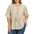 thumbnail image 1 of GRACE & GRANDEUR Women's Plus Size Ditsy Floral Blouse Tie Front V Neck Ruffle Sleeve Peplum Top Summer Babydoll Blouse 4X Beige, 1 of 7