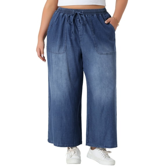 Agnes Orinda Women's Plus Size Jeans Drawstring Elastic Waist Denim Pants Casual Wide Leg Chambray Palazzo Pants with Pockets 1X Black Blue
