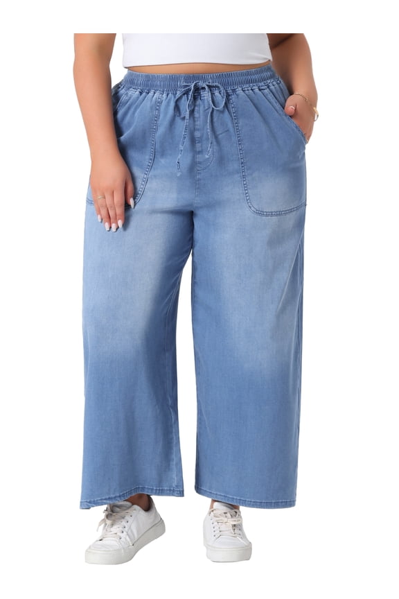 Women's Plus Size Jeans Drawstring Elastic Waist Denim Pants Casual Wide Leg Chambray Palazzo Pants with Pockets 2X Light Blue