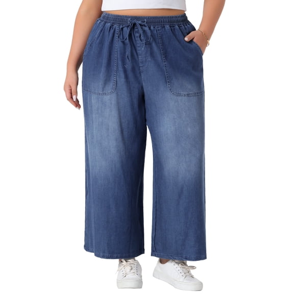 Agnes Orinda Women's Plus Size Jeans Drawstring Elastic Waist Denim Pants Casual Wide Leg Chambray Palazzo Pants with Pockets 3X Black Blue