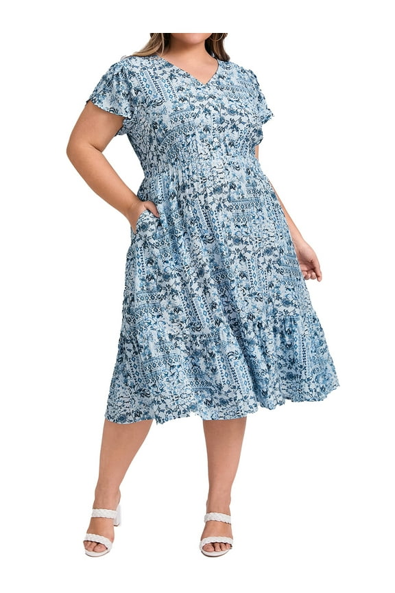 Women's Plus Size Easter Boho Button Decor Floral V Neck Cap Sleeve Elastic Waist Maxi Dresses 3X Lake Blue